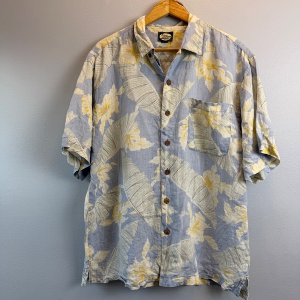 Tommy Bahama Mens Large 100% Linen Floral Palm Hawaiian Shirt Blue Yellow Resort